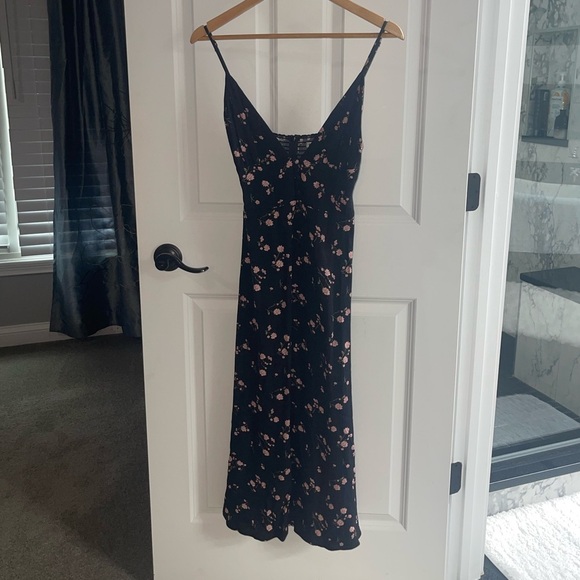 REFORMATION Montague Midi Dress Ensenada Black Pink Floral Black Dress Size 6 - Picture 2 of 9